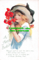 R549729 A Happy Birthday. Girl With Hat And Blue Clothes In Hands Red Flowers. J - World