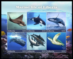 Liberia 2020, Animals, Marine Life, Fishes, Turtle, Whale, Orca, 6val In Block - Baleines