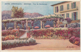 OP 9-(06) MENTON - HOTEL ANNONCIATA - VUE DU RESTAURANT - ILLUSTRATEUR RIGHETTI - CARTE COLORISEE - 2 SCANS - Menton