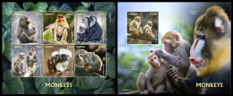 Liberia 2020, Animals, Monkeys, 6val In Block +Block - Liberia