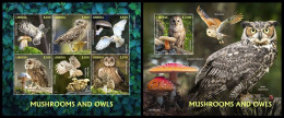 Liberia 2020, Animals, Owls And Mushrooms I, 6val In Block +Block - Champignons