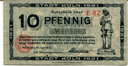 10 PFENNIG 1921 Stadt COLOGNE Rhine DEUTSCHLAND Notgeld Papiergeld Banknote #PL818 - [11] Local Banknote Issues