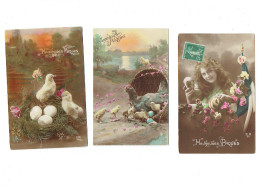 Lot 3 Cpa - Joyeuses Pâques -  -  Fillette œuf Drapeau Poussin Poule - DIX 742/5 - E.M.36 / OM 552 - Ostern