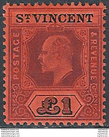 1911 St Vincent Edoardo VII £ 1 Purple And Black/red MNH SG. N. 93 - Sonstige & Ohne Zuordnung