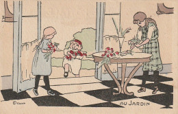 PE 20 - AU JARDIN - ENFANTS RAMENANT DES FLEURS ET CONFECTIONNANT UN BOUQUET - ILLUSTRATEUR DELALAIN - 2 SCANS - Scenes & Landscapes