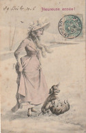 PE 20 - HEUREUSE ANNEE - FEMME AVEC CHIOTS JOUANT - ILLUSTRATEUR HATZAL  - 2 SCANS - Neujahr