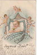 PE 20 - JOYEUX NOEL - BERCEAU DE BEBE AVEC HOCHET DORE ENTOURE D' ANGELOTS - BRILLANTS   - 2 SCANS - Andere & Zonder Classificatie