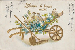 PE 20 - " SOUVENIR DE LA BONNE AMITIE " - CARTE  FANTAISIE GAUFREE - BROUETTE DOREE AVEC OISEAUX , RATEAU   - 2 SCANS - Other & Unclassified