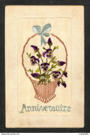 FANTAISIE - CARTE BRODÉE - ANNIVERSAIRE - Corbeille De Fleurs - 1918 - Embroidered