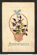 FANTAISIE - CARTE BRODÉE - ANNIVERSAIRE - Corbeille De Fleurs - 1918 - Brodées