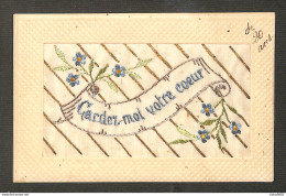 FANTAISIE - CARTE BRODÉE - Gardez-moi Votre Coeur - Fleurs - Embroidered