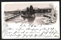 Vorläufer-Lithographie Geneve, 1895, Teilansicht Der Stadt, Partie Am Wasser  - Sonstige & Ohne Zuordnung