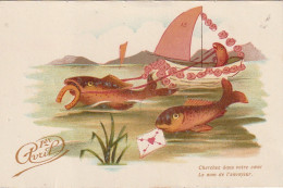 OP Nw36- " 1er AVRIL " - COUPLE DE POISSONS TRACTANT UN VOILIER AVEC LETTRE ET FER A CHEVAL - April Fool's Day