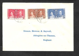ANTIGUA 1937 CORONATION SET ON COVER WITH MAY 19 1937 PMKS ADDRESSED TO ABINGDON, ENGLAND - 1858-1960 Crown Colony