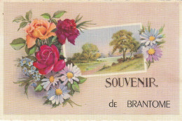 QU -(24) SOUVENIR DE BRANTOME - CARTE FANTAISIE COULEURS - PAYSAGE , FLEURS  - 2 SCANS - Brantome