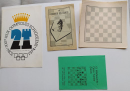 Lot Documents Anciens D'echecs Jeux Olympiques 1974, Courrier Des Echecs 1971, Tounoi Zurich 1989 2 Damiers Vierges - Zonder Classificatie