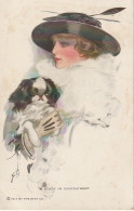 QU 7- " STUDY IN CONTENTMENT " - ILLUSTRATEUR  FISHER - PORTRAIT DE FEMME AVEC CHIEN PEKINOIS - 2 SCANS - Fisher, Harrison