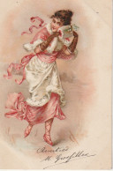 QU 7 - CARTE FANTAISIE - JEUNE FEMME PATINANT AVEC MANCHON EN FOURRURE ET MUGUET - 2 SCANS - Vrouwen