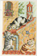 QU 9- FRATRIE DE CHATS JOUANT SUR LES TOITURES A LA BALLE ET FIXANT UN PAPILLON  - 2 SCANS - Katzen