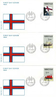 Faroe Islands 1990; The 50th Anniversary Of The Faroese Flag.  Set Of 3 And Souvenir Sheet On FDC (Foghs Cover). - Isole Faroer