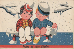 RE 15- " PRIERE DE NOUS DEGELER " - COUPLE D' ENFANTS FRIGORIFIES SUR UN BANC ENNEIGE - ILLUSTRATEUR BERNET- 2 SCANS - Cartes Humoristiques