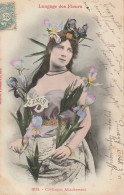 RE 17-  LANGAGE DES FLEURS - L' IRIS - FEMME AVEC COURONNE D' IRIS  - BERGERET - CARTE FANTAISIE COLORISEE - - 2 SCANS - Women