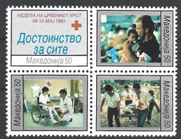 Macedonia 1993 Red Cross Solidarity Complete Block Of Four MNH - Macedonia Del Nord