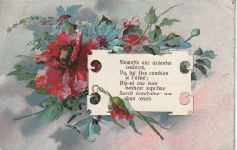 RE 21- CARTE FANTAISIE GAUFREE   - FLEURS : ANEMONES ET BLEUETS AVEC POEME   - 2 SCANS - Bloemen