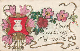 RE 21-" VOUS INSPIREZ L' AMOUR "- CARTE FANTAISIE GAUFREE - FLEURS : CYCLAMENS - BOURSE D' ARGENT , PIECE D' OR- 2 SCANS - Blumen