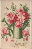 RE 22- " AMITIE " - CARTE GAUFREE SUR FOND SATIN - ARROSOIR REMPLI DE FLEURS : ROSES  - 2 SCANS - Other & Unclassified