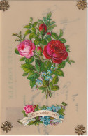 RE - " NE M' OUBLIEZ PAS " - CARTE CELLULOID AJOUT DE CHROMOS  FLEURS ET ETOILES DOREES - 2 SCANS - Blumen