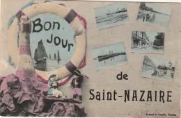 SO 5-(44) UN BONJOUR DE SAINT NAZAIRE - CARTE FANTAISIE COLORISEE ,  MULTIVUES  - BOUEE , PHARE - 2 SCANS - Saint Nazaire