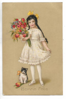 Cpa Bonne Fete Jeune Fille  Et Chat Enrubannes Et Chacun Son Bouquet  Ecrite 1923 N0173 - 1900-1949