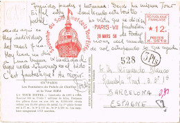 53976. Postal PARIS (France) 1956. Franqueo Mecanico. TOUR EIFFEL, Taxe, Tasada A Barcelona - Lettres & Documents