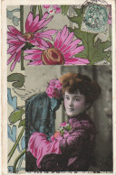 SO 28- CARTE FANTAISIE - PORTRAIT DE FEMME AVEC MOTIF FLORAL : REINES MARGUERITES - 2 SCANS - Frauen