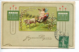 Jolie CPA Gaufrée Voyagé 1914 * JOYEUSES PÂQUES Angelot Trompette Char Tiré Par Mouton - Pascua