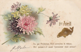 SO 28-" 1er AVRIL "- CARTE FANTAISIE GAUFREE - POISSON DORE ET FLEURS : DAHLIAS - 2 SCANS - 1° Aprile (pesce Di Aprile)