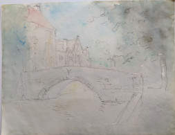 Belgique Bruges Brugg Dessin Original Pont Sur Canal Crayon Et Aquarelle - Dibujos