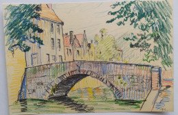 Belgique Bruges Brugg Dessin Original Pont Sur Canal Crayons De Couleur 1936  Jean Muller Architecte Strasbourg - Dessins