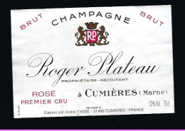 Etiquette Champagne  Brut Rosé 1er Cru Roger Plateau Cumieres  Marne 51 - Champagne