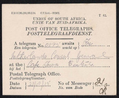 SOUTH AFRICA POSTAL STATIONERY 1915 TELEGRAM NOTIFICATION - Officials