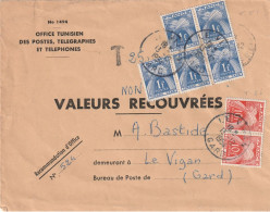 Lettre De TUNISIE  "Valeurs NON Recouvrées" Pour LE VIGAN (Gard) Taxée à 25F. Par N° 81 (bloc De 5) + 86 (paire (déf.) - 1859-1959 Briefe & Dokumente