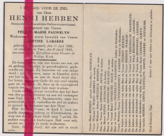 Devotie Doodsprentje Overlijden - Henri Hebben Echtg Pauwelyn, Wedn Labaere - Langemark 1866 - Ieper 1945 - Obituary Notices