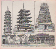 Pagodes. Pagode Chinoise à Canton, Japonaise, Hindou à Mysore, Annamite à Cholon. Larousse 1948. - Historische Documenten
