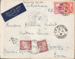 TUNISIE AFFRANCHISSEMENT COMPOSE SUR DEVANT DE LETTRETAXEE POUR LA FRANCE 1938 - Storia Postale