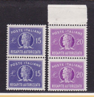 1949 Italy Italia Repubblica RECAPITO AUTORIZZATO 2 Serie Di 2 Valori In Coppia MNH** Pair - 1946-60: Nieuw/plakker