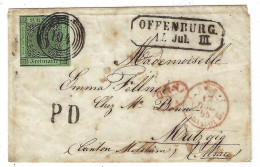 1855 - Cover From OFFENBURG To Mutzgig (Alsace) Affr. N° 3 Canc. 104 +red A.E.D / 11 + French Entr. BADE 1 STRASBOURG 1 - Cartas & Documentos