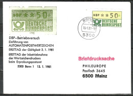 MiNr. ATM 1, Inbetriebnahmebeleg MWzD, Postamt "Bonn 1"; B-2231 - Automatenmarken [ATM]