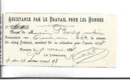 Coupon Cotisation 1898 ASSISTANCE Par Le TRAVAIL Pour Les HOMMES / 25 BESANCON - 1800 – 1899