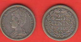 Pays Bas Holland 25 Cents 1910 Wilhemina Hollande Olanda Silver Coin Rare Date Nederland - 25 Cent